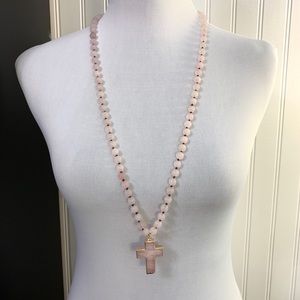 36 Inch Milky Pink Beaded Cross Necklace, NWT